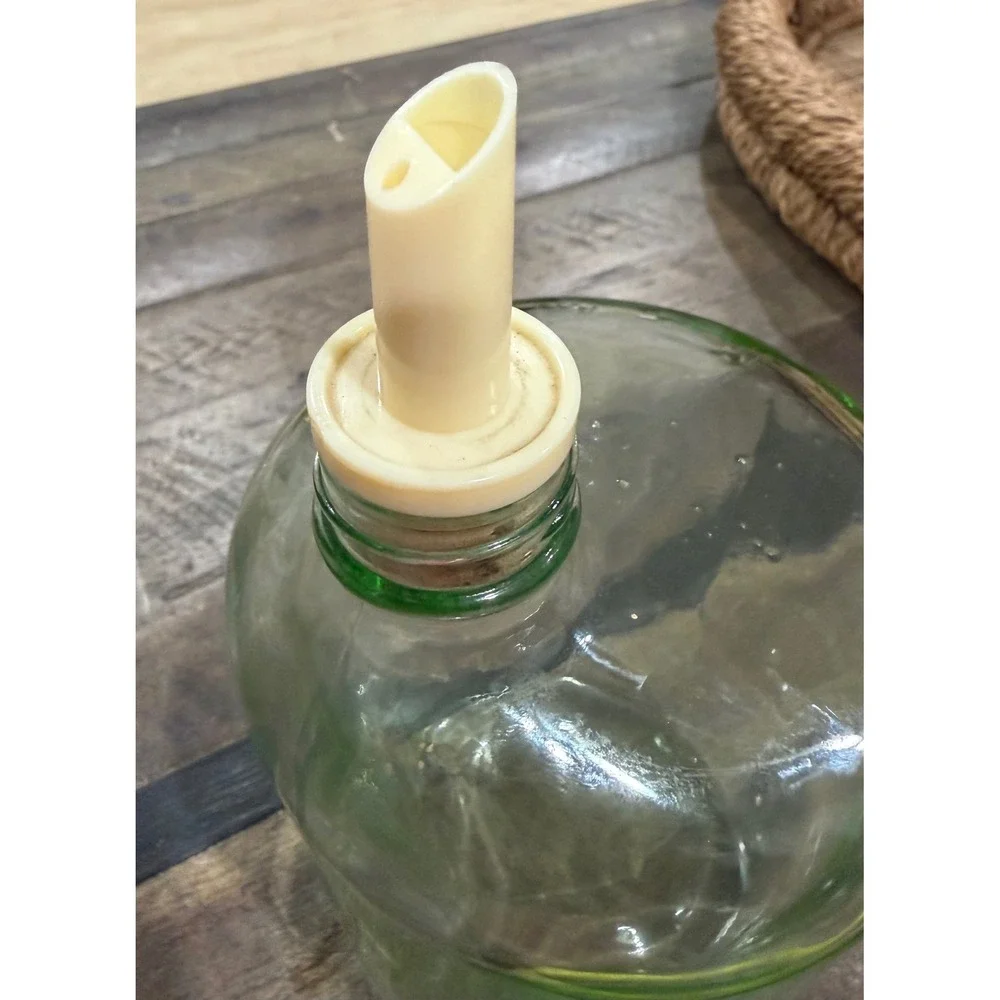 Vintage Hand Blown Green Glass Decanter Asymmetric Slumped Bottle with Pourer